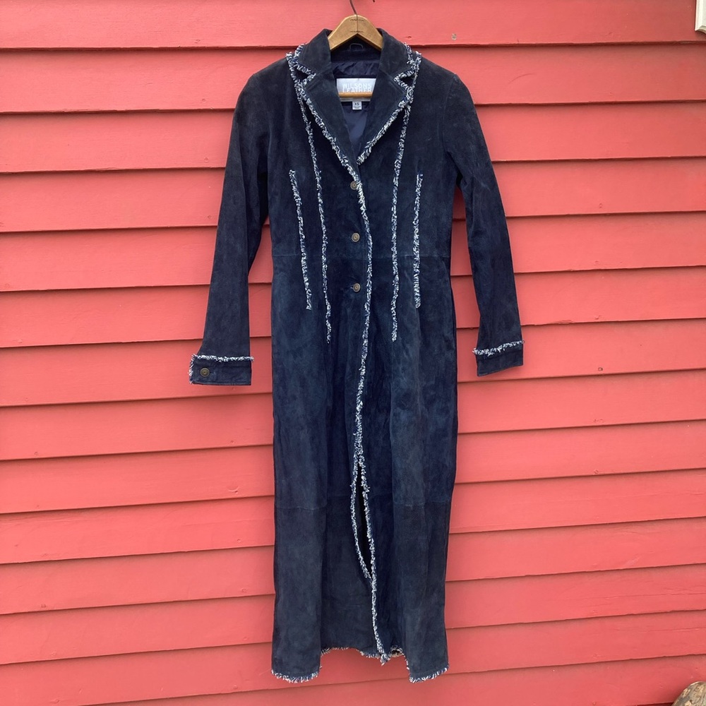 Wilsons Leather Maxima Dark Blue Navy Leather Suede Fringe Trench Coat Size XS